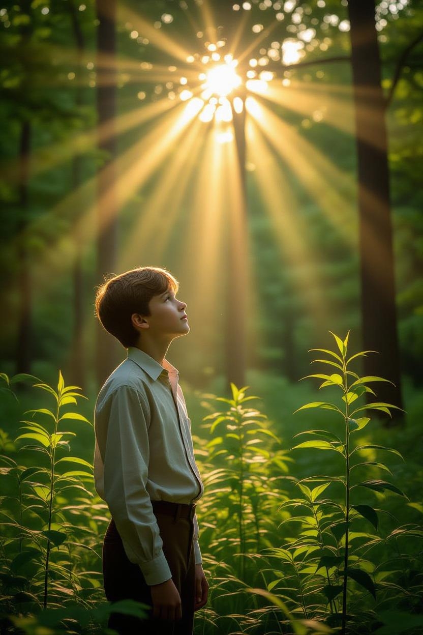 young boy in trees with sunlight