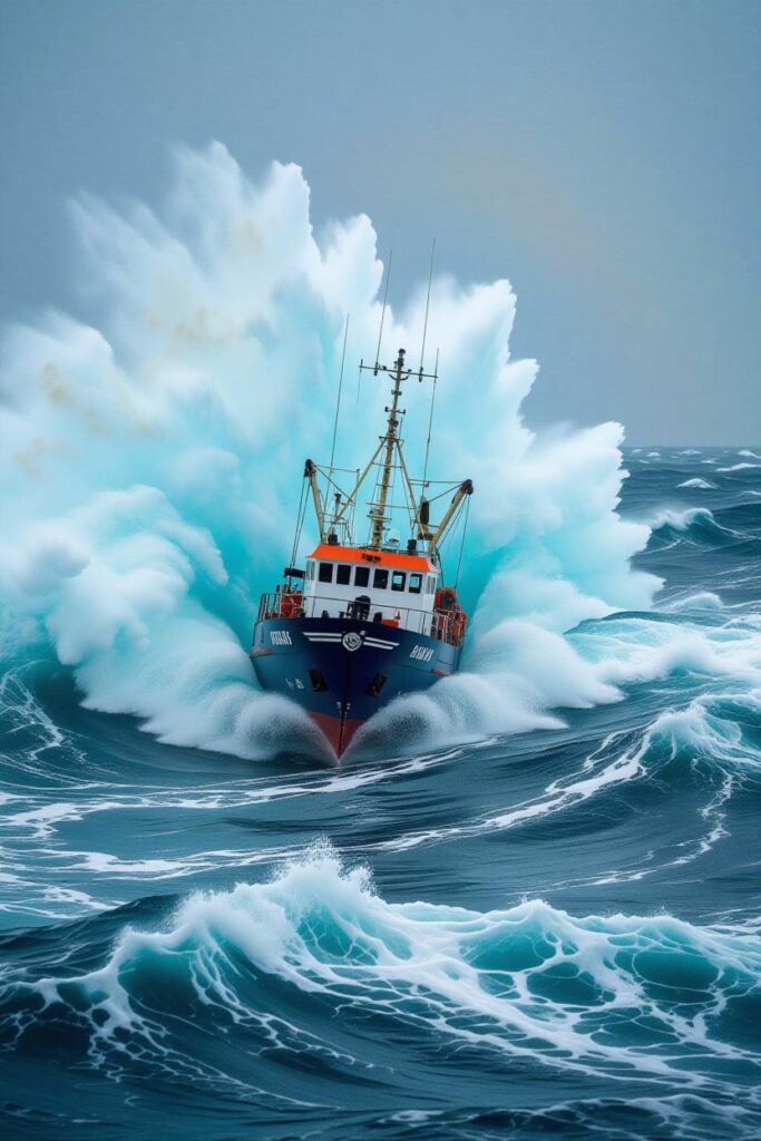 ship navigating storm and waves