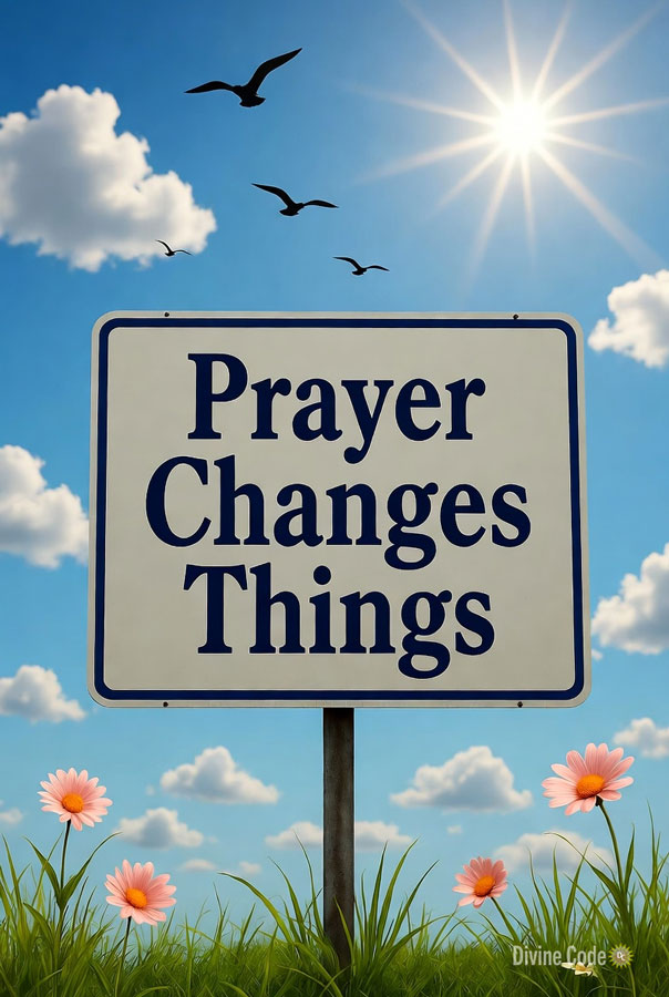 White sign in the middle of a sunny field with the words, "Prayer Changes Thing."