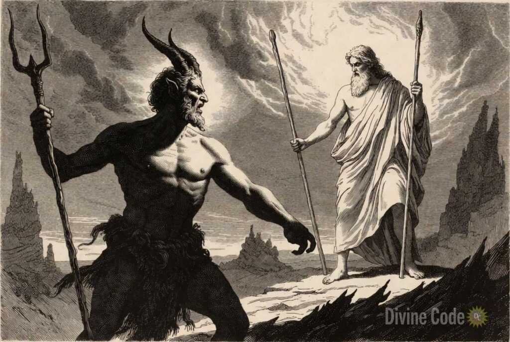 Man withstanding a demon.